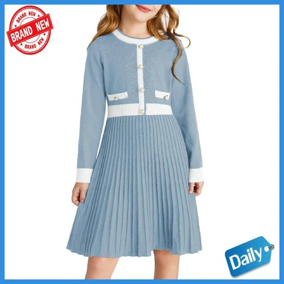 Girls Long Sleeve Knit Sweater Dress A-Line Fall Winter Casual - Picture 1 of 8